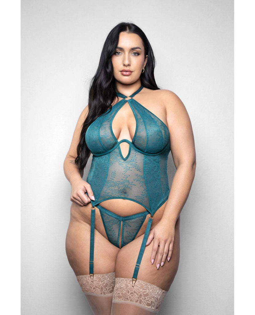 Elusive Kasmire Lace Monowire Gartered Bustier w/Crotchless G-String - Dark Teal 3X/4X