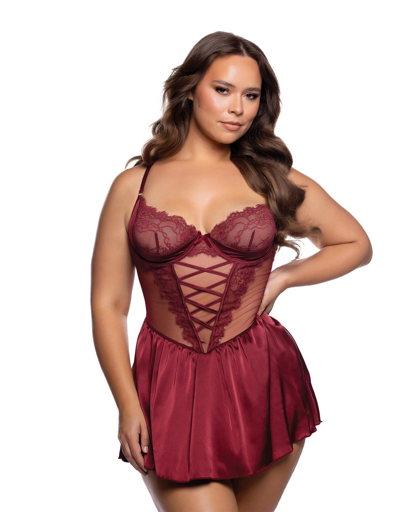 Lace & Satin Babydoll w/Crisscross Detail - Wine 1X