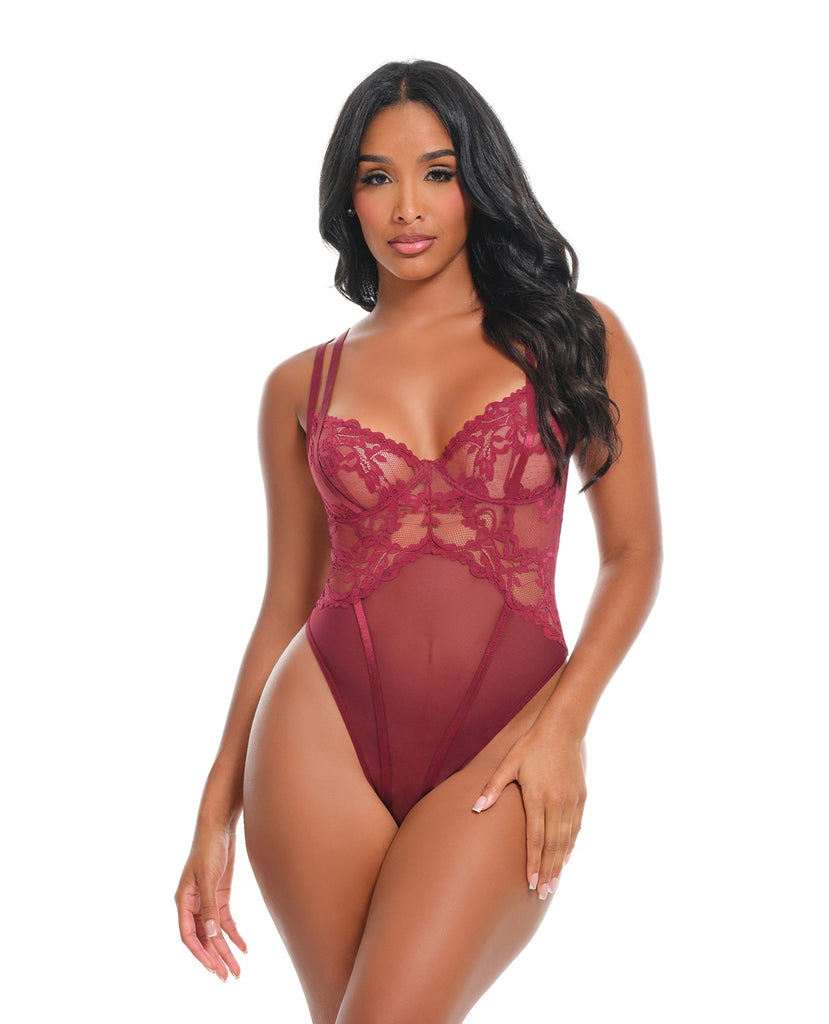 Marisol Lace & Mesh Unlined Underwire Teddy - Zinfandel S/M