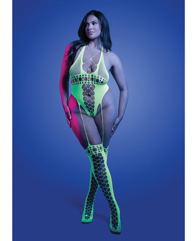 Paradigm UV Reactive Halter Teddy Bodystocking - Neon Green QN