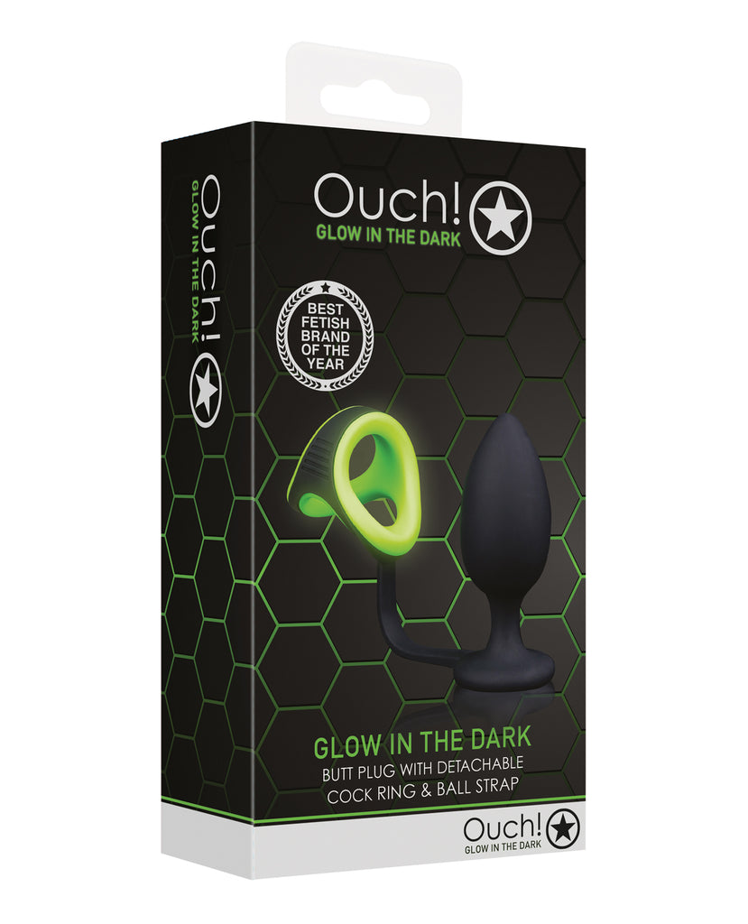 Shots Ouch Butt Plug w/Cock Ring & Ball Strap - Glow in the Dark