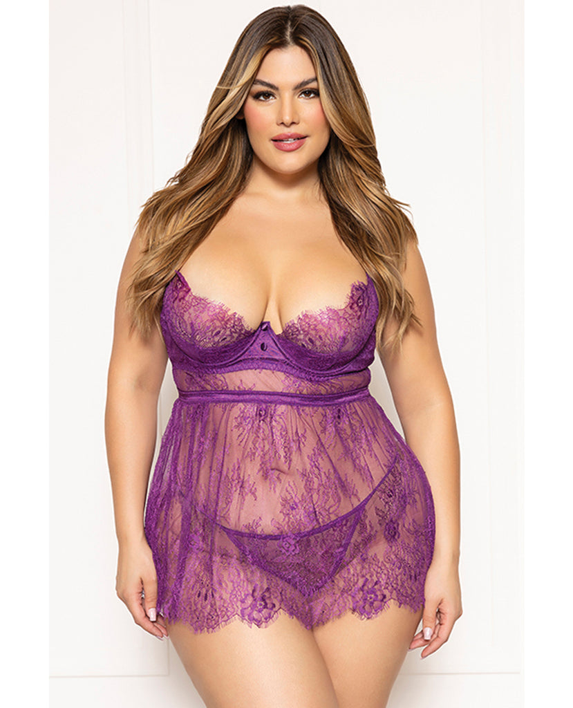 Floral Eyelash Lace Underwire Babydoll w/Thong 2 pc Set - Purple 3X/4X
