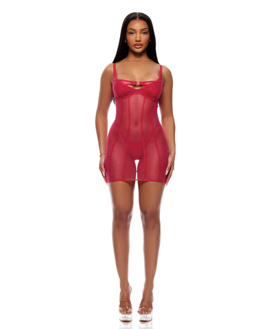 Layers To This Sheer Mesh and Knit Chemise w/Thong 2 pc Set - Pink LG