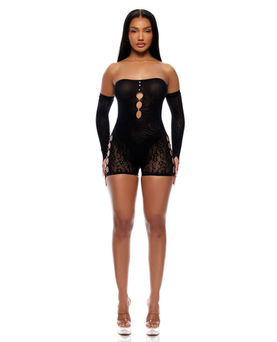 Cross Your Mind Romper Bodystocking w/Rhinestone Details & Gloves 2 pc Set - Black QN