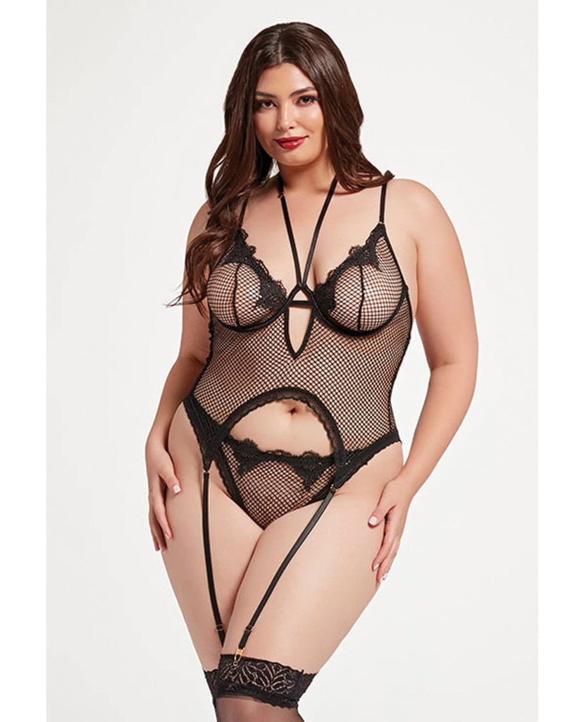 Stretch Mesh and Lace Cami w/Thong 2 pc Set - Black QN