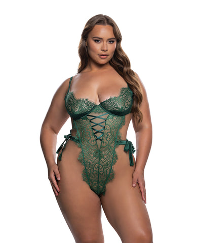 Dreamer's Lust Lace and Satin Teddy - Green 2X