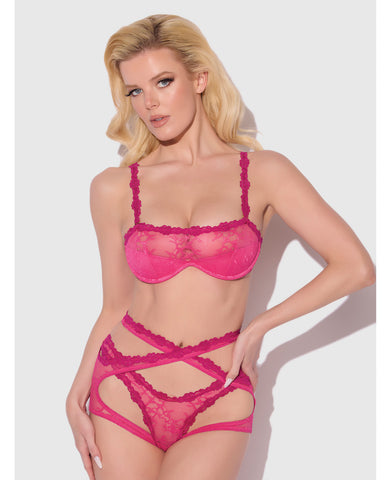 Yvone Lace Bra w/Removable Straps, Garter & Tanga Panty 3 pc Set - Pink SM