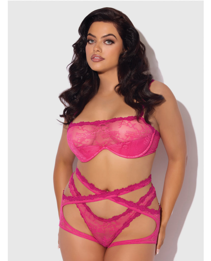 Yvone Lace Bra w/Removable Straps, Garter & Tanga Panty 3 pc Set - Pink 1X/2X