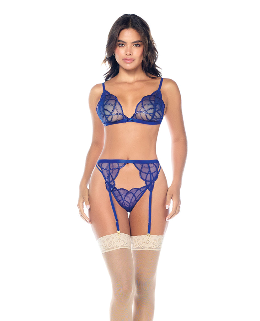Lace Bralette w/G-String & Garter 3 pc Set - Sapphire Blue L/XL