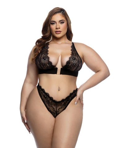 Fever Dream Chantilly Eyelash Lace and Stretch Satin Bralette w/Thong - Black 1X