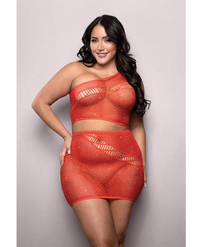 Vixen Set The Tone Rhinestone Knit One Shoulder Top w/Skirt 2 pc Set - Red QN