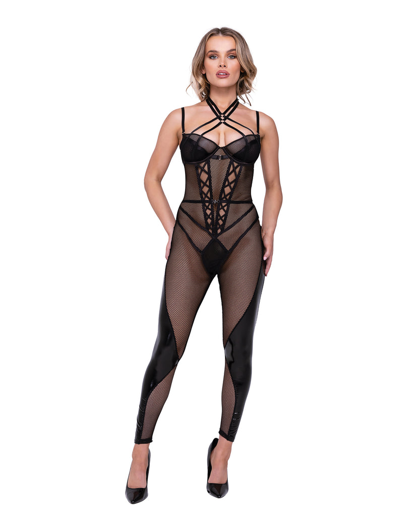 Flirty Fetish Fishnet & Faux Leather Catsuit w/Satin Trim Black MD