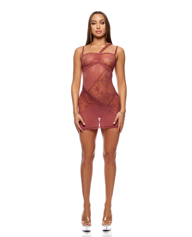 Patch of Petals Sheer Mesh and Lace Chemise w/Thong 2 pc Set - Mauve MD