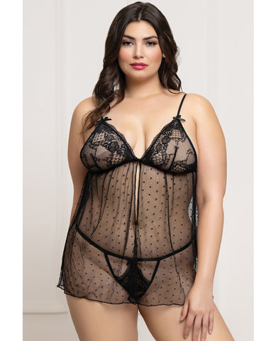 Lace and Dot Mesh Babydoll w/G-String - Black QN