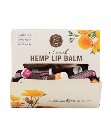 Earthly Body Hemp Seed Lip Balm Stick Display - Box of 48 Asst. Scents