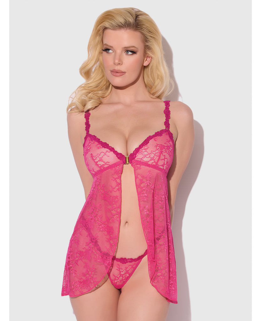 Yvone Lace Babydoll w/Front Closure & G-String 2 pc Set - Pink LG
