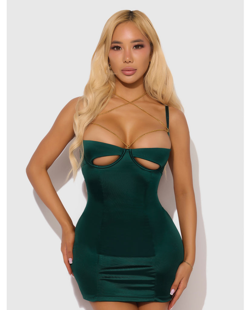 Evangeline Satin & Chain Open Cup & Back Chemise & G-String Set - Green LG