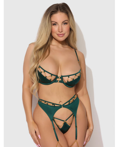 Evangeline Satin & Chain Push Up Bra, Thigh Garter Belt & G-String Set - Green SM