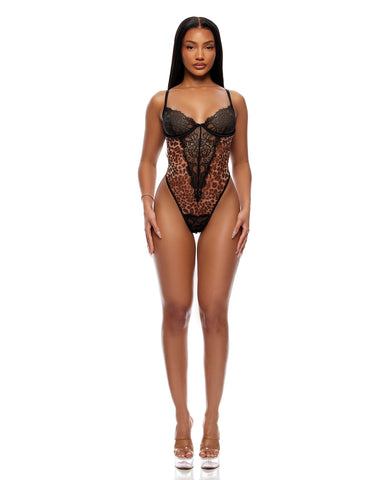 Animal Instincts Sheer Mesh and Lace Teddy - Animal XL