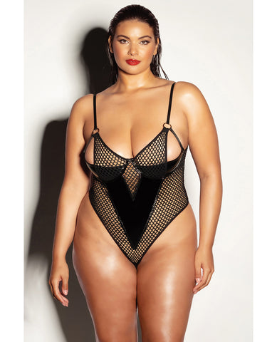 FETISH Frisky Fishnet & Vinyl Shelf Cup Peek A Boo Teddy Black 2X