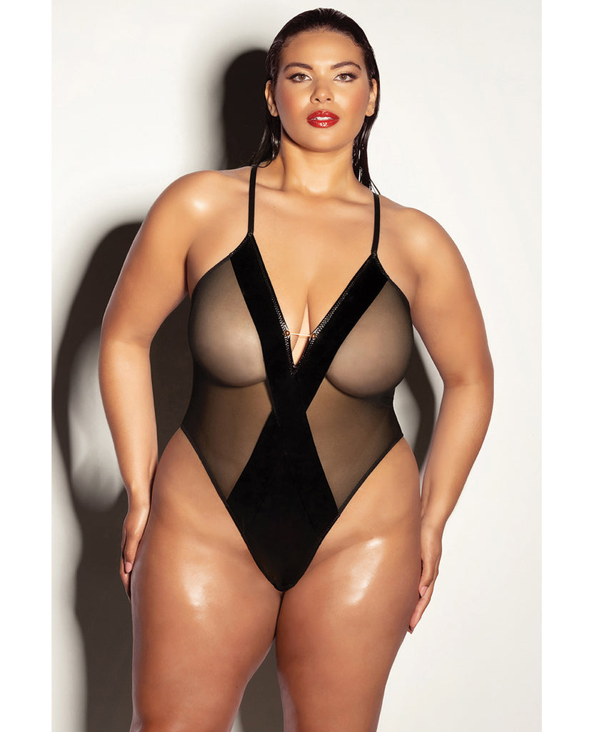 FETISH Finesse Soft Cup Vinyl & Mesh Teddy w/Barbell Black 1X/2X