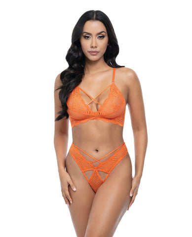 Amina Scallop Lace & Mesh Bralette w/Panty 2 pc Set - Dragon Fire Orange S/M