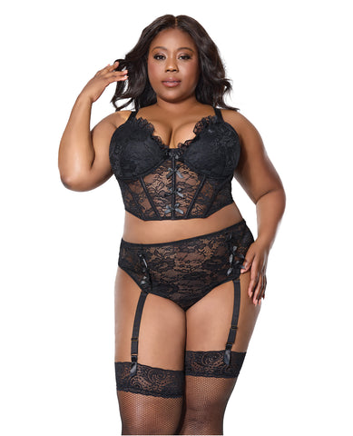 Lace Bustier w/Padded Cups & Gartered Thong Panty 2 pc Set - Black 3X/4X