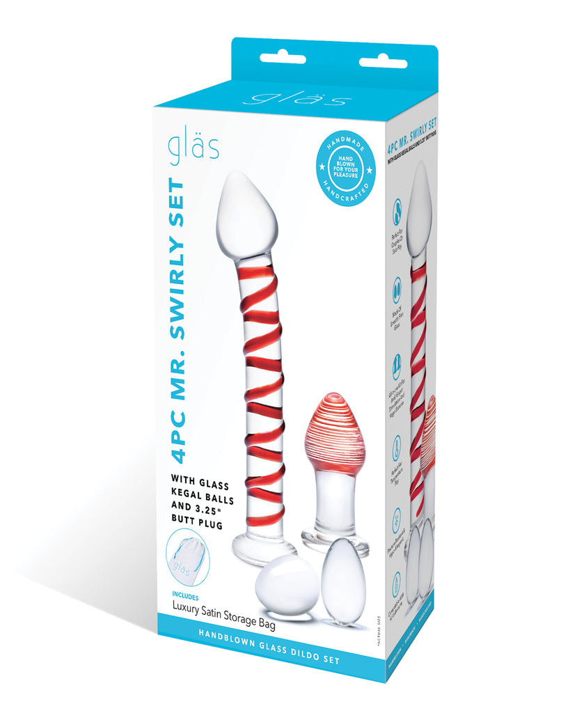 Glas 4 pc Mr. Swirly Set w/Glass Kegel Balls & 3.25" Butt Plug - Red