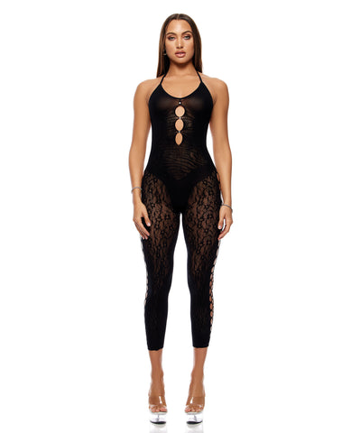 Cross Your Mind Capri Floral Knit Bodystocking w/Rhinestone Details - Black QN