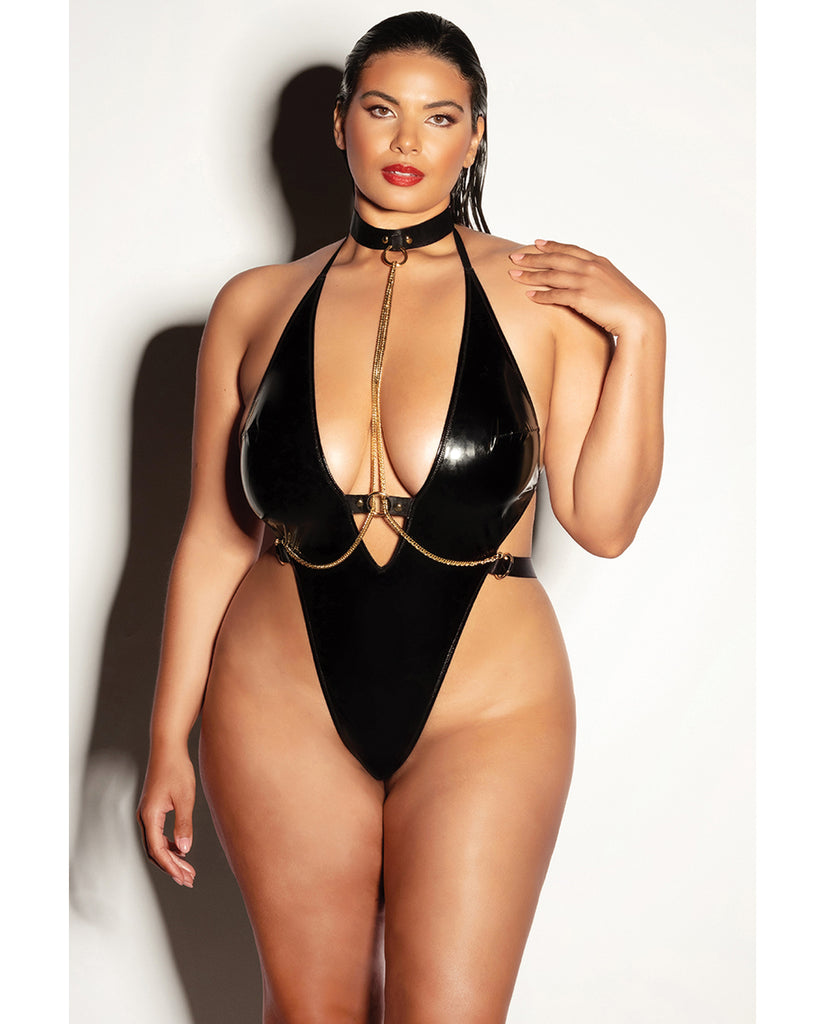 FETISH Submissive V-Plunge Vinyl Teddy w/Removable Chain Harness & Hand Cuff Black 1X/2X