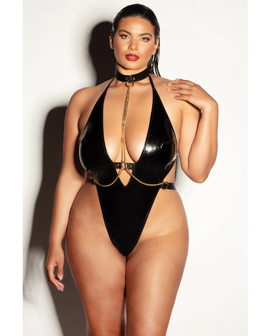 FETISH Submissive V-Plunge Vinyl Teddy w/Removable Chain Harness & Hand Cuff Black 1X/2X