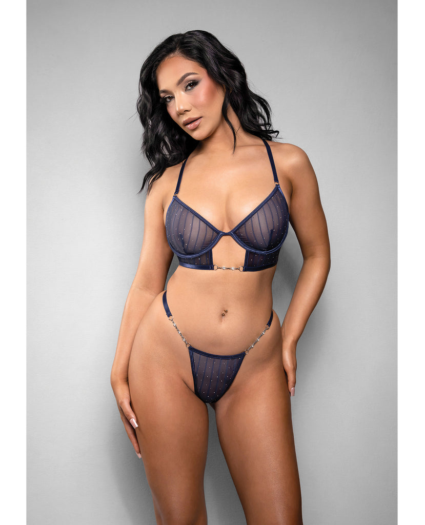 Temptress Celeste Sheer Striped Rhinestone Mesh Bra w/G-String 2 pc Set - Navy L/XL