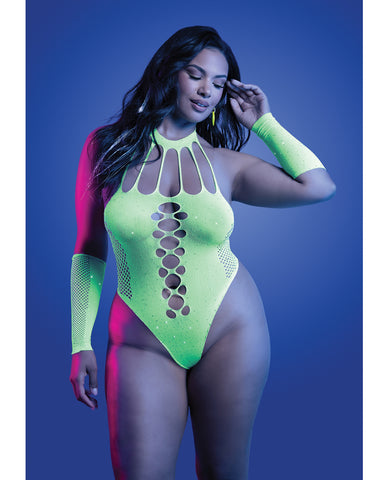 Pressure Point UV Reactive Rhinestone Studded Teddy & Gloves/Leg Warmers 2 pc Set - Neon Green QN