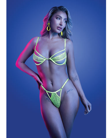 Mind Control UV Reactive Lace and Mesh Underwire Bra & Thong - Neon Green S/M