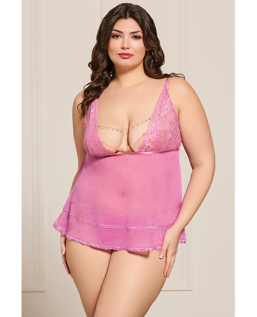 Lace and Mesh Babydoll w/Thong & Rhinestone Detail - Pink QN