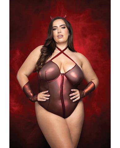 Raising Hell Front Zip Halter Teddy w/Fingerless Gloves & Headband 3 pc Set - Red 3X/4X