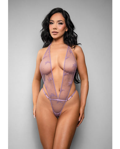 Temptress Gisele Sheer Floral Mesh Open Back Teddy - Lavender S/M