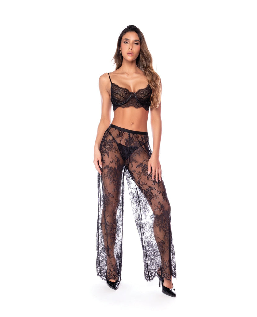 Underwire Lace Bra, Lace Wide Leg Pants, & Thong 3 pc Set - Black SM