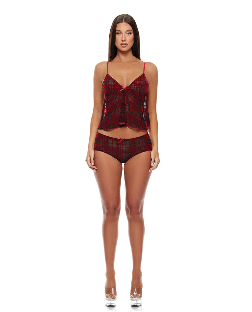 Velvet Lines Mesh Cami & Boy Short 2 pc Set - Red/Black SM
