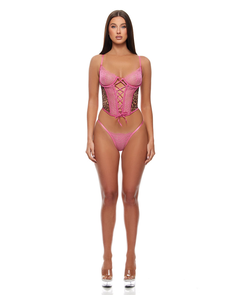 Animal Instincts Mesh Bustier & Panty 2 pc Set - Pink Leopard SM