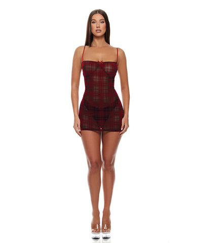 Velvet Lines Mesh Chemise & Thong 2 pc Set - Red/Black LG