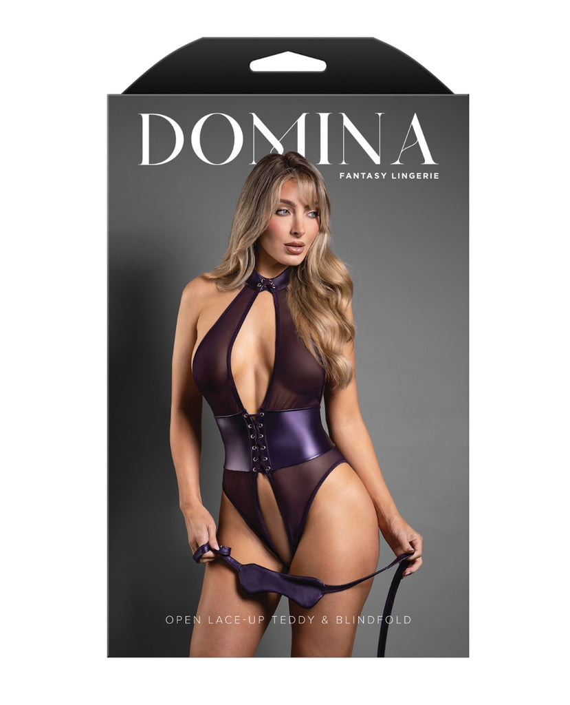 Domina Open Halter Teddy in Mesh & Leatherette w/Matching Blindfold - Purple L/XL