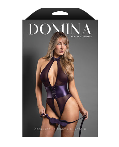 Domina Open Halter Teddy in Mesh & Leatherette w/Matching Blindfold - Purple M/L