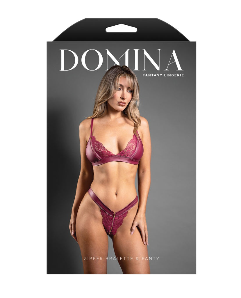 Domina Lace Bralette & Panty in Leatherette w/Zipper Detail - Berry M/L