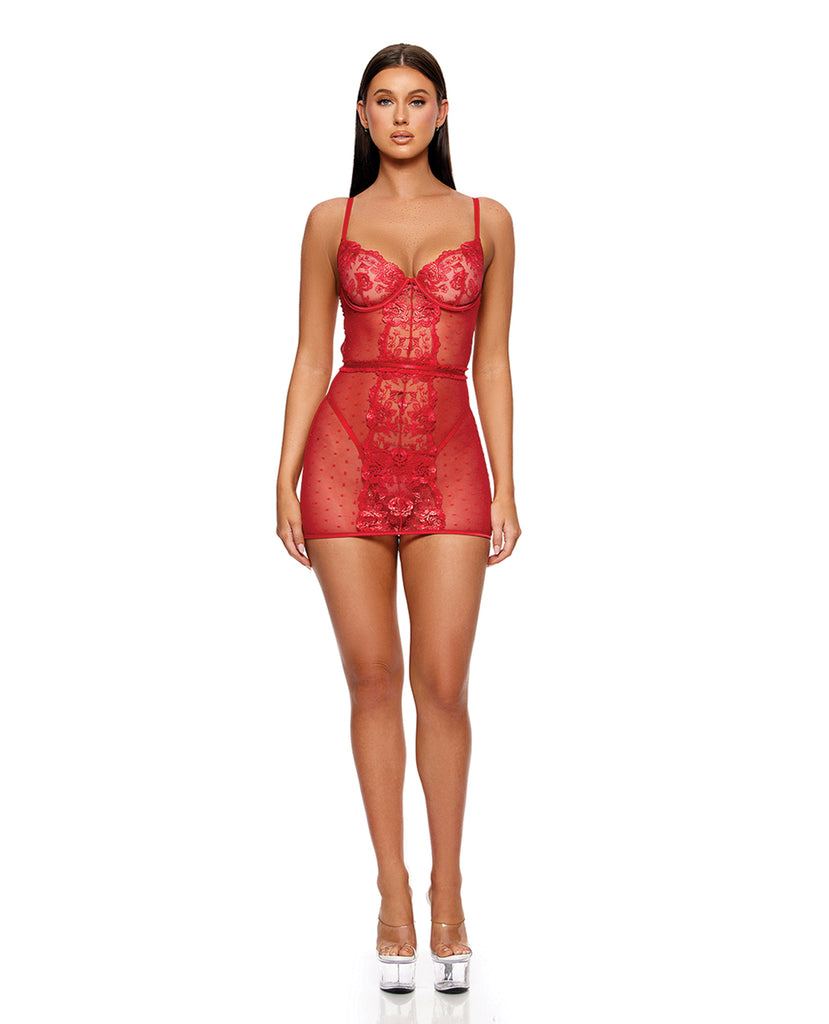 La Vie En Rose Metallic Embroidered Chemise, Panty & Belt 3 pc Set - Red XL