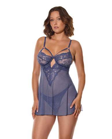 Twilight Fever Lace & Mesh Babydoll w/G-String - Navy XL