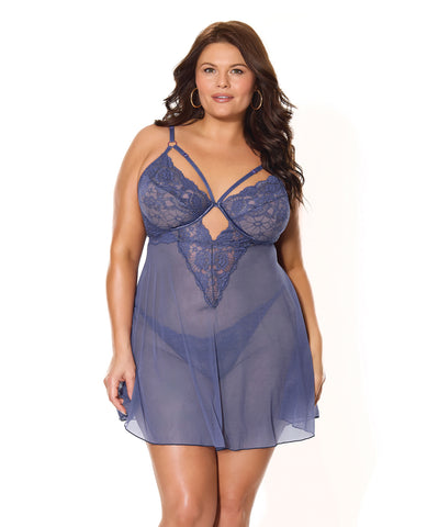 Twilight Fever Lace & Mesh Babydoll w/G-String - Navy 1X/2X