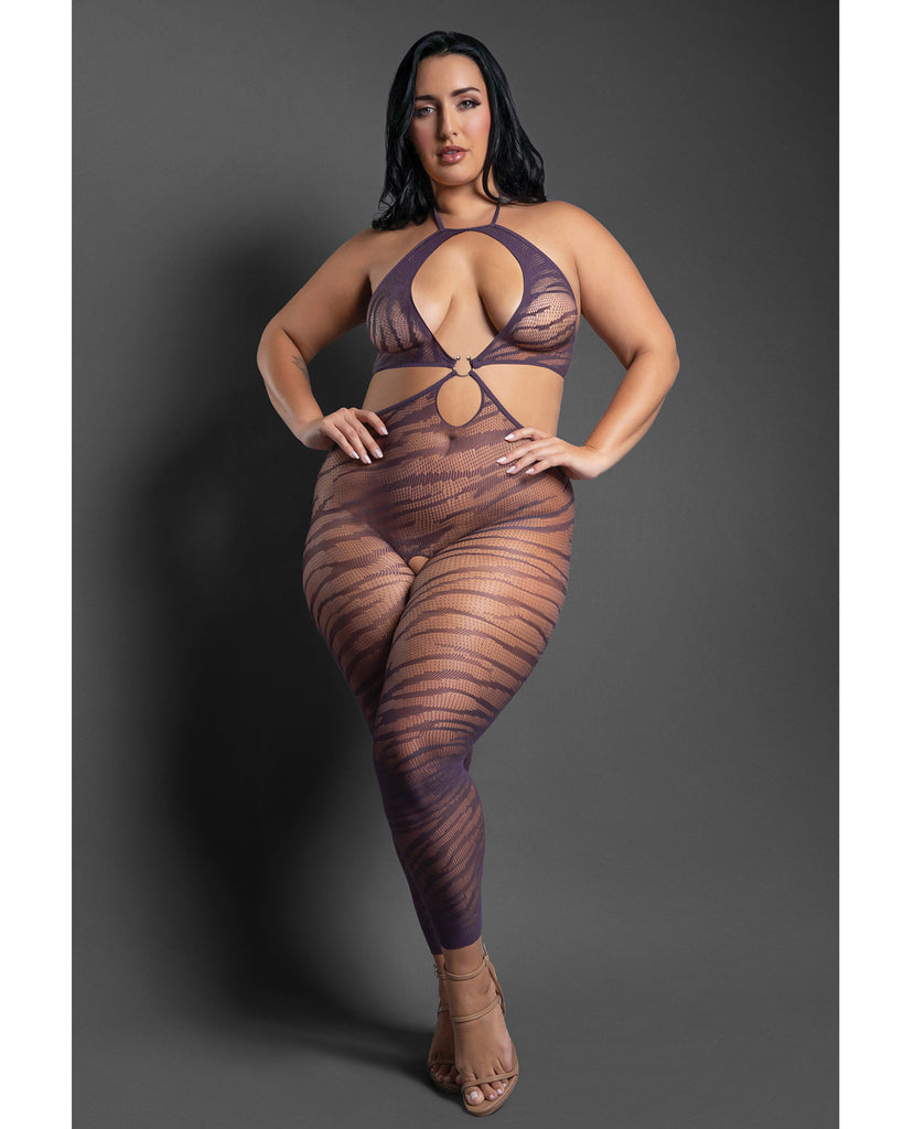 Sheer Set Me Free Mesh Body Stocking w/Zebra Pattern & Open Crotch - Purple QN