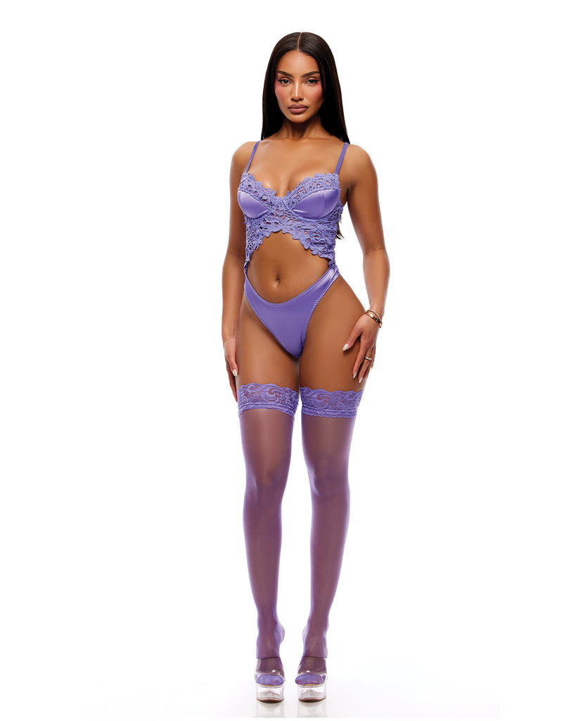 See It Through Guipure Teddy Set w/Stockings - Purple LG