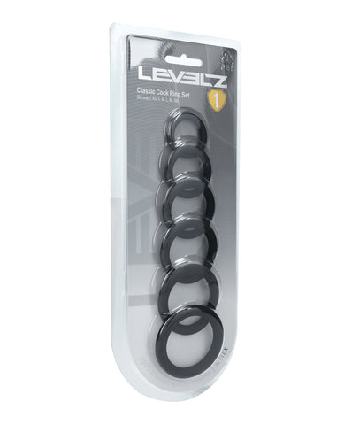 Shots Levelz Classic Silicone Cock Ring Set of 6 All Sizes - Black
